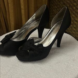Michaelangelo Black Satin Peep-Toe Heels